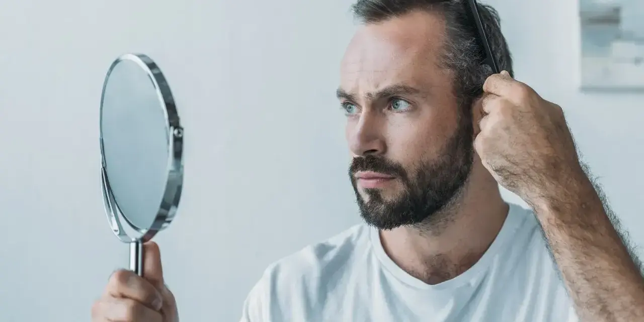 Mann kämmt sich die Haare, besorgt über Haarausfall. Er fragt sich, warum seine Haare nicht mehr wachsen, Frau.