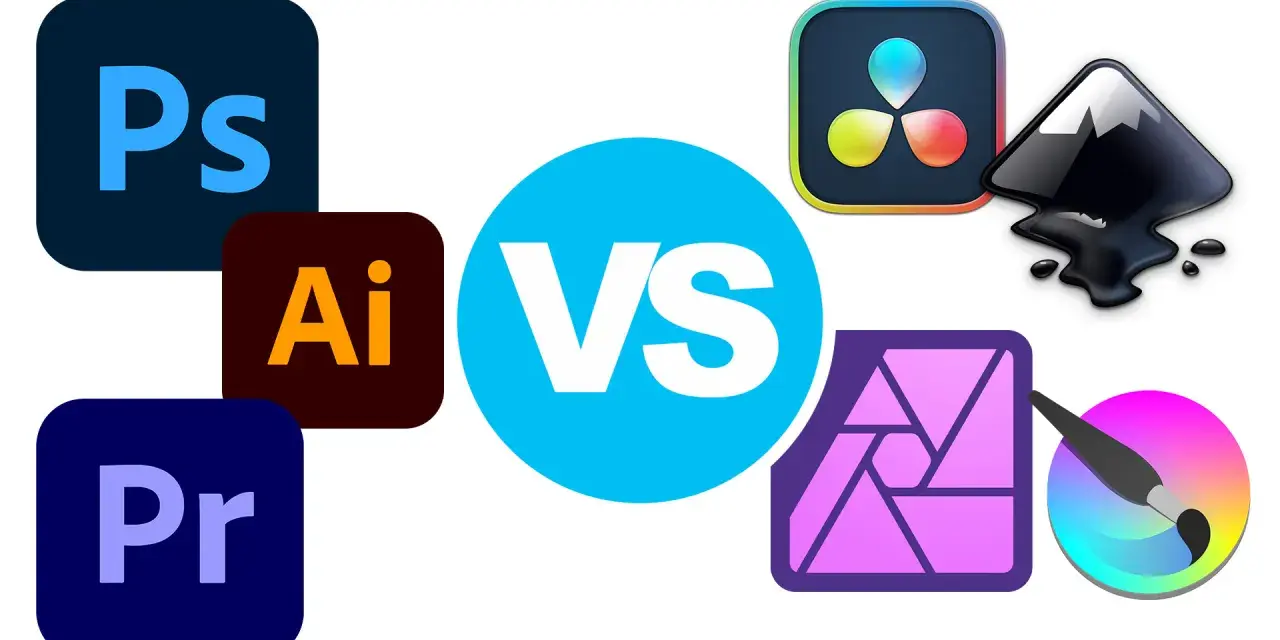 Porównanie ikon programów graficznych: Adobe (Ps, Ai, Pr) kontra alternatywy, szukając zamiennika Photoshop.