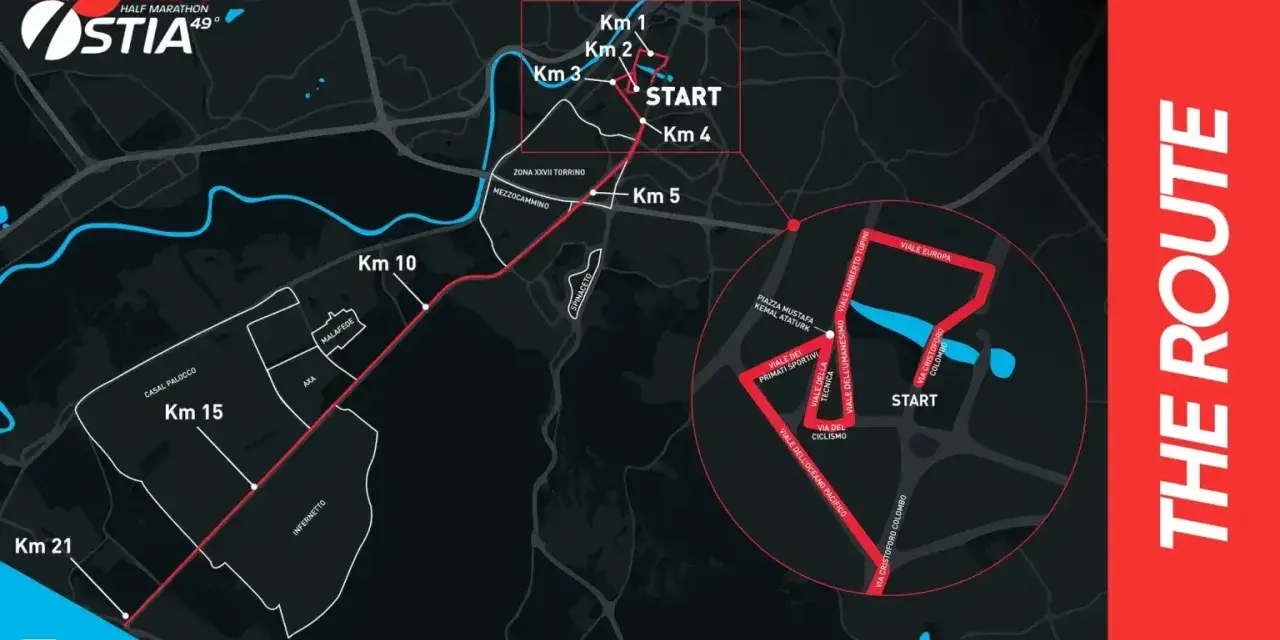 Mapa de la ruta de la media maratón Roma Ostia, mostrando el recorrido desde la salida hasta la meta en el km 21.