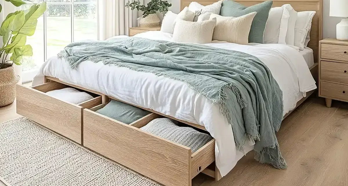 Camas vestidas con encanto, con mantas suaves y cojines acogedores, y cajones de madera para guardar tesoros.