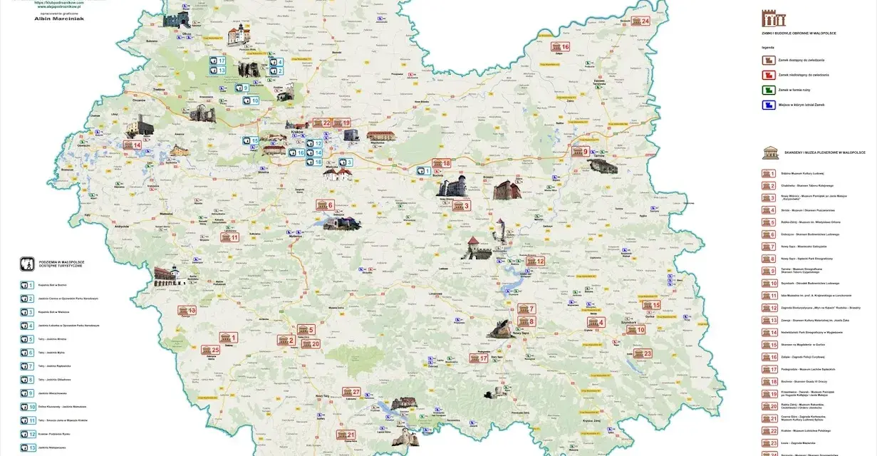 Mapa Małopolski z zaznaczonymi zamkami, skansenami i podziemiami turystycznymi. Odkryj bogactwo kulturowe regionu, podążając szlakiem skansenów.