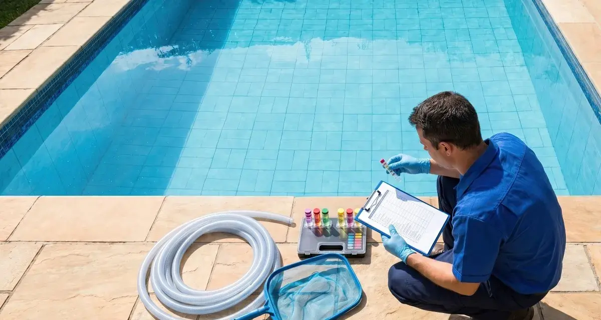 A man in blue checks pool water test tubes, preparing to shock the pool. Pool cleaning supplies are laid out.