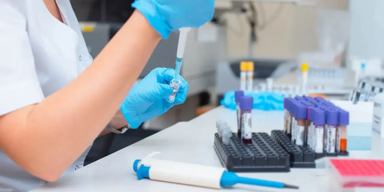 Laborantka w niebieskich rękawiczkach pobiera próbkę pipetą do probówki.