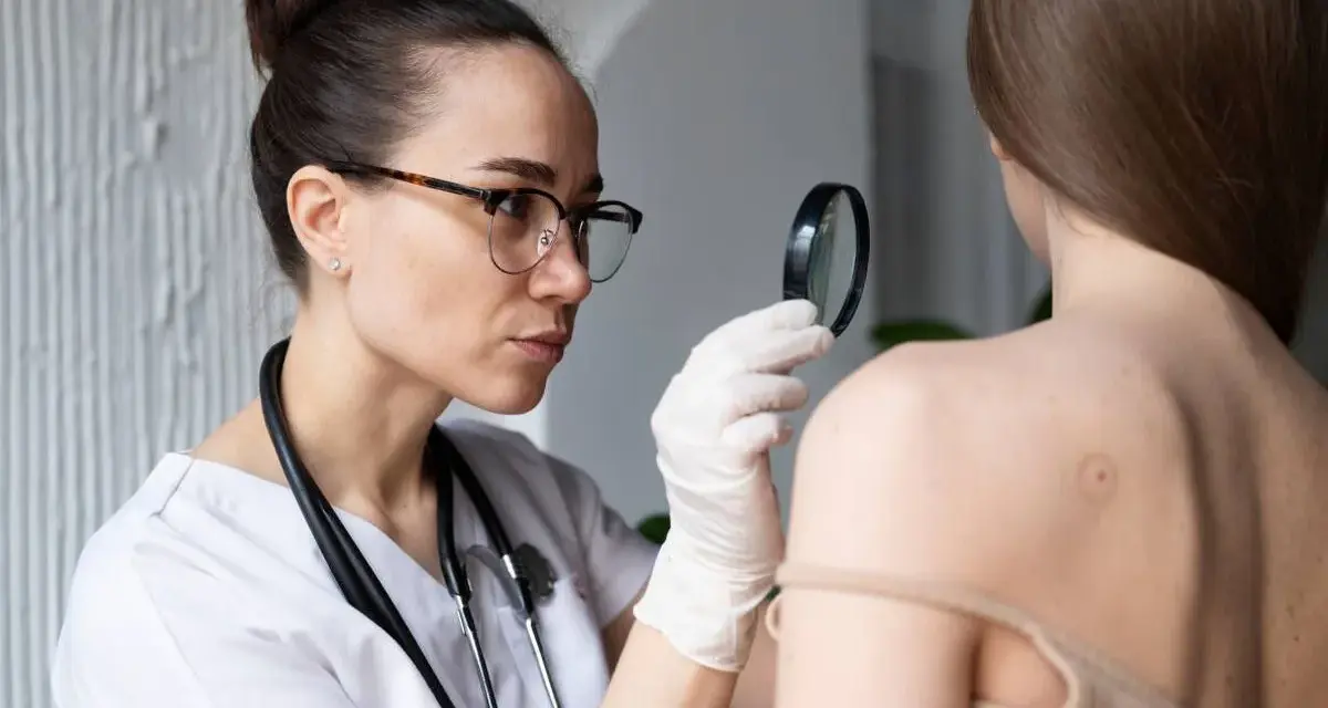 Dermatóloga examina lunares en la espalda de una paciente con lupa.