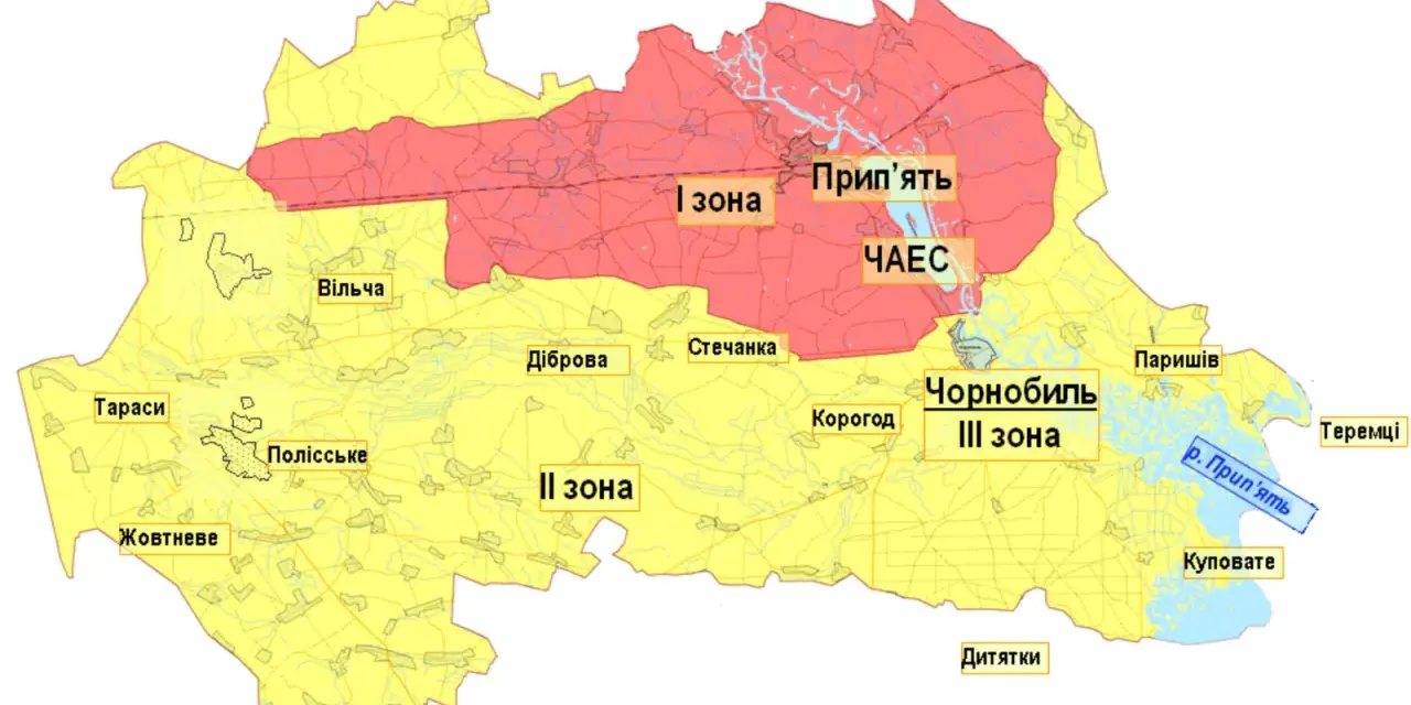 Mapa pokazująca strefy wokół Czarnobyla. Widać tu Prypeć, Czarnobylską Elektrownię Atomową i rzekę Prypeć.
