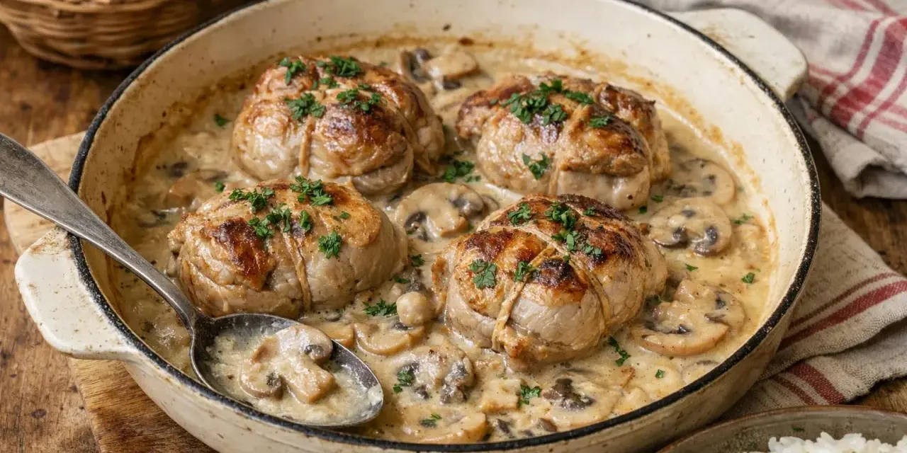Quatre paupiettes de veau dorées, nappées d'une sauce crémeuse aux champignons, prêtes pour la cuisson.