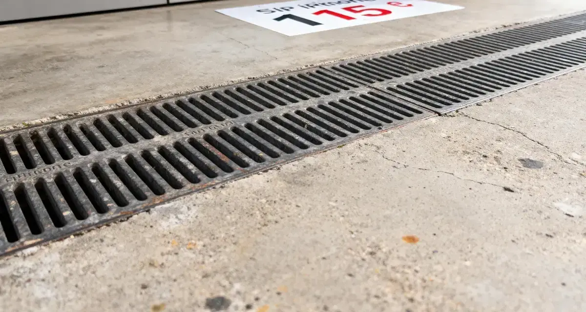 Un panneau au sol indique "Sip iPhone 115€". Un caniveau en métal longe un sol en béton. Le béton drainant prix m2 est une solution pour évacuer l'eau.