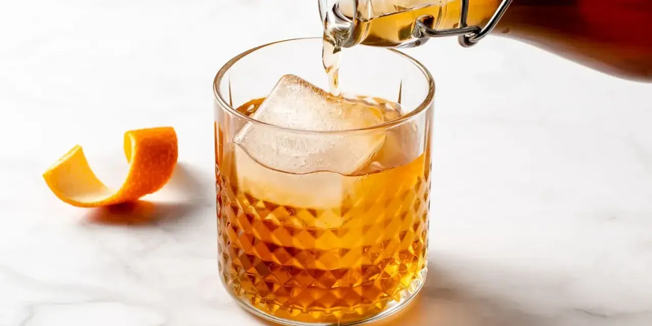 Amaretto co to? Bursztynowy likier z migdałów i moreli, nalewany do szklanki z lodem, z ozdobną skórką pomarańczy.