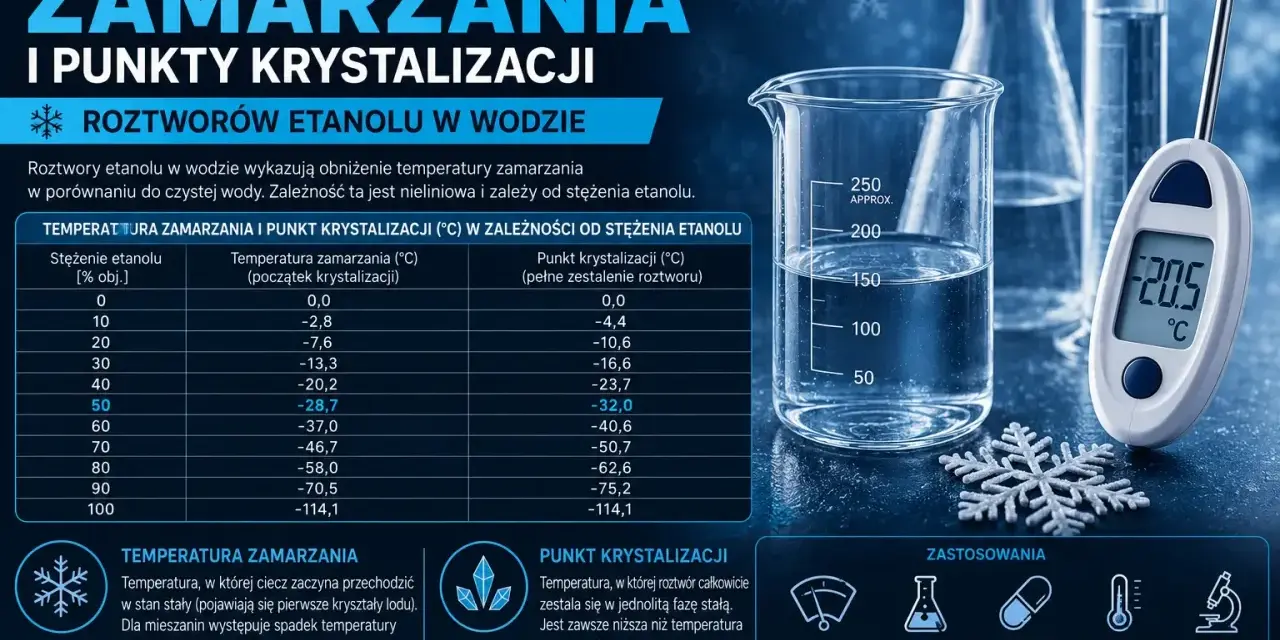 Tabela pokazuje zależność temperatury parowania alkoholu od jego stężenia w wodzie. Termometr wskazuje -20.5°C.