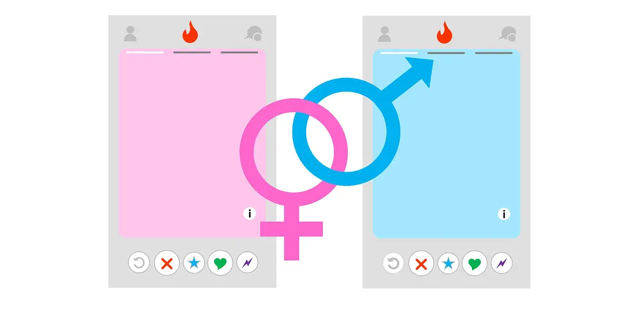 Dwa profile Tindera, różowy i niebieski, z symbolami płci połączonymi. Zastanawiasz się, tinder ile lajków dziennie?