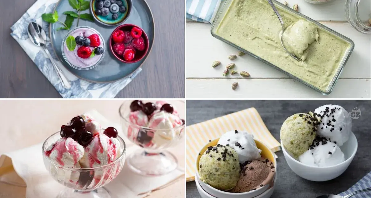 Vari gusti di gelato, tra cui pistacchio e frutti di bosco, perfetti con latte condensato.