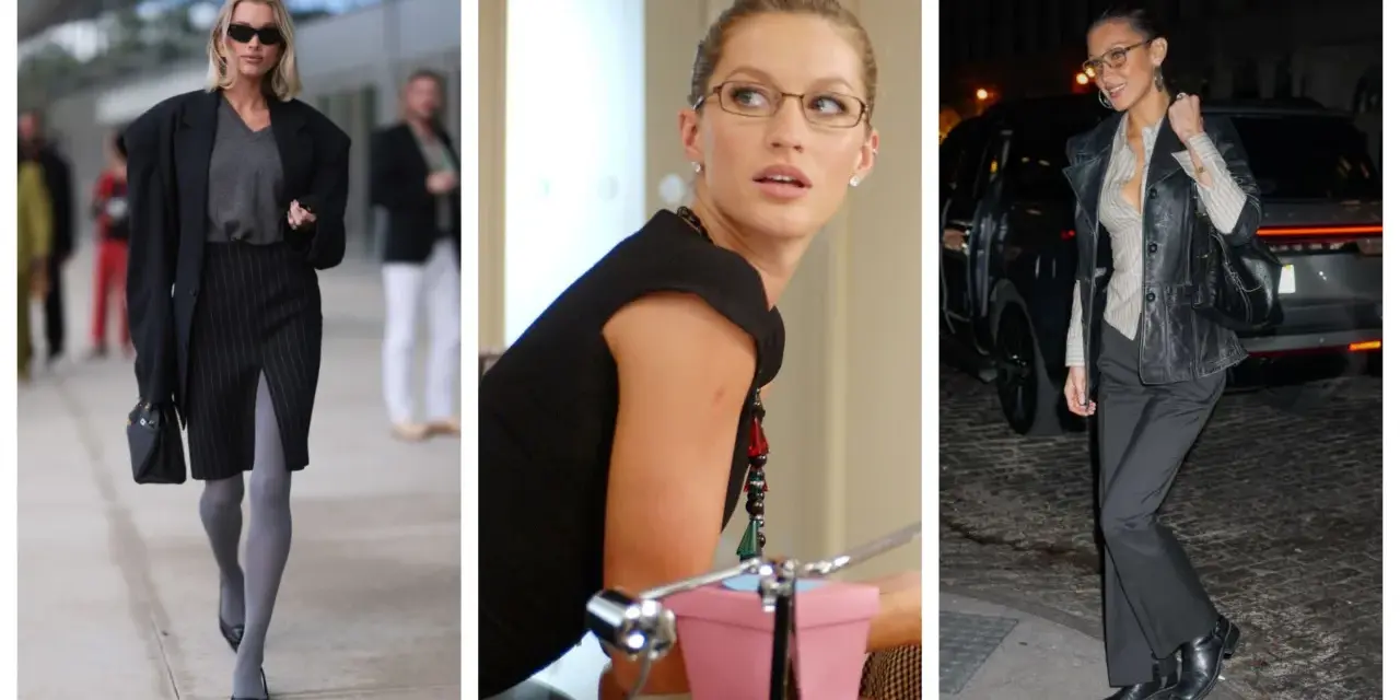 Trzy kobiety w eleganckich stylizacjach, w tym jedna z nich w roli office siren, prezentują modne stroje biznesowe.