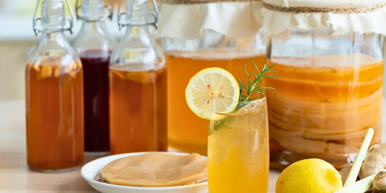 Verre de kombucha rafraîchissant, entouré de bouteilles et de bocaux, rappelant l'origine de cette boisson fermentée.