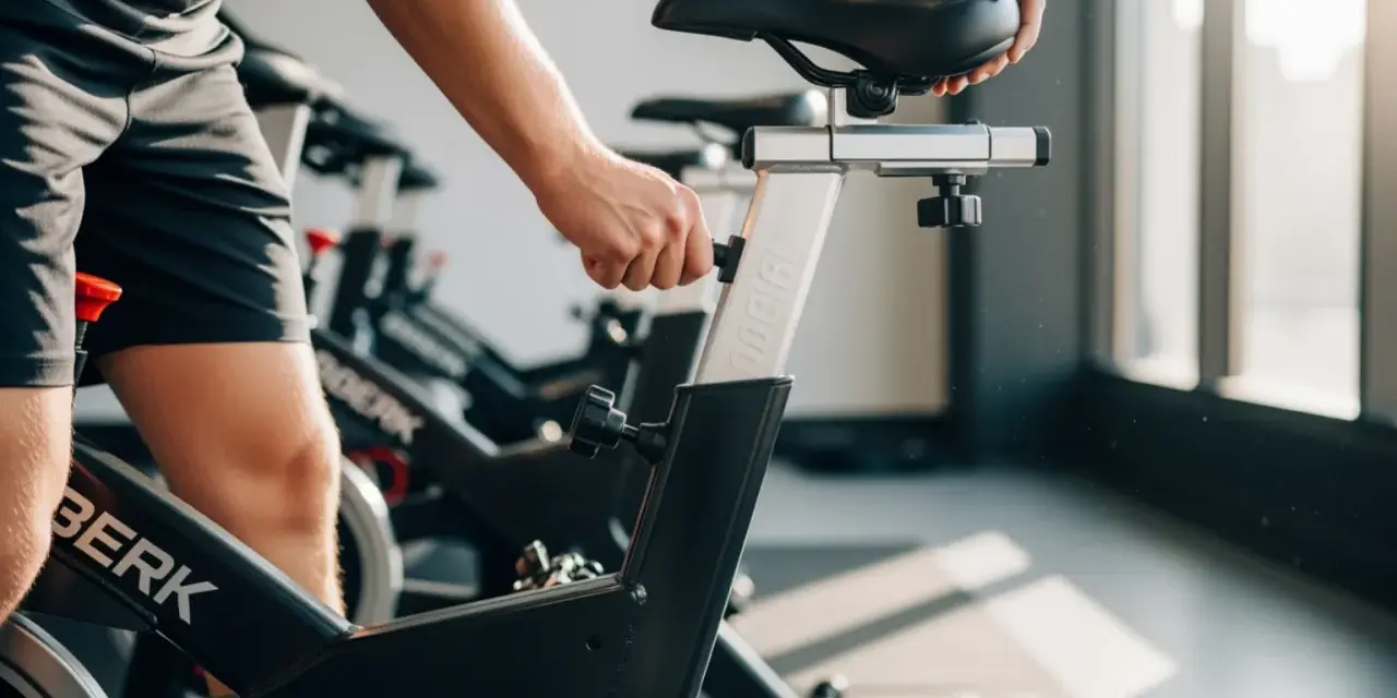 A person adjusts the seat on a spin bike, ready for an intense spin class.