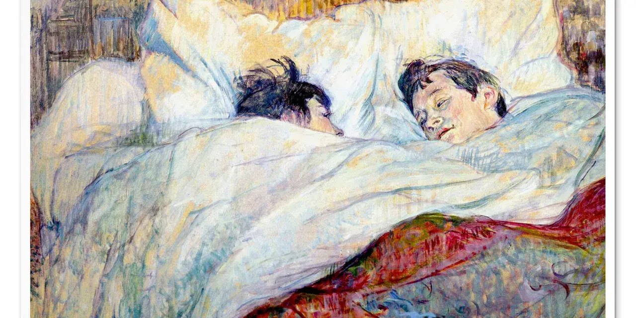 Dwie postacie śpiące w łóżku, uchwycone pędzlem henri de toulouse-lautrec. Widać ich twarze i kołdrę.