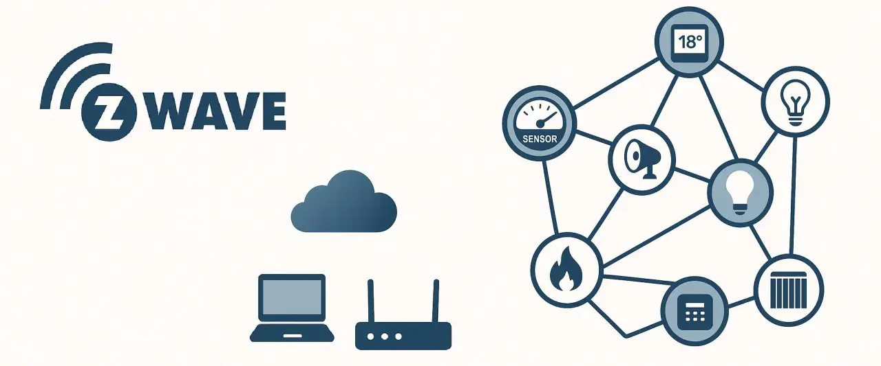 Z-Wave-Logo mit Symbolen für Smart-Home-Geräte, die über die Z-Wave-Frequenz vernetzt sind.