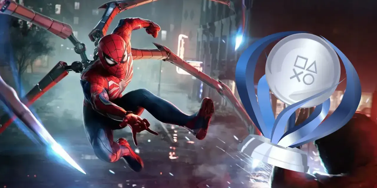 Spider-Man en acción, con sus tentáculos mecánicos desplegados, junto al trofeo platino de Spider-Man 2.