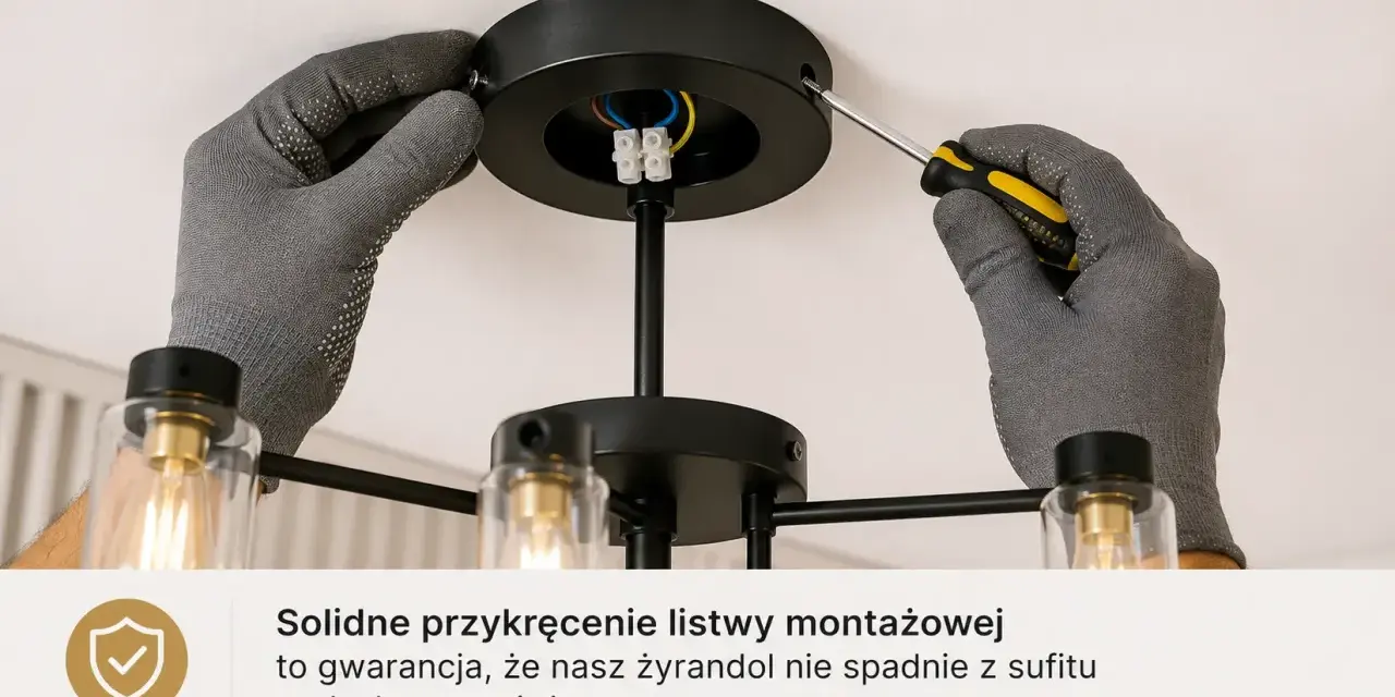 Ręce w rękawiczkach przykręcają śrubokrętem mocowanie żyrandola do sufitu.