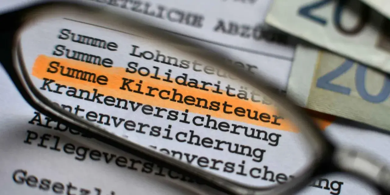 Lupe über Dokument mit hervorgehobener Kirchensteuer. Geld liegt daneben.