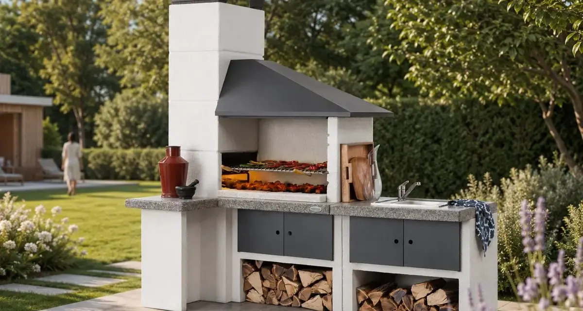 Una moderna zona barbecue in giardino, con camino, piano di lavoro, lavello e legna da ardere.