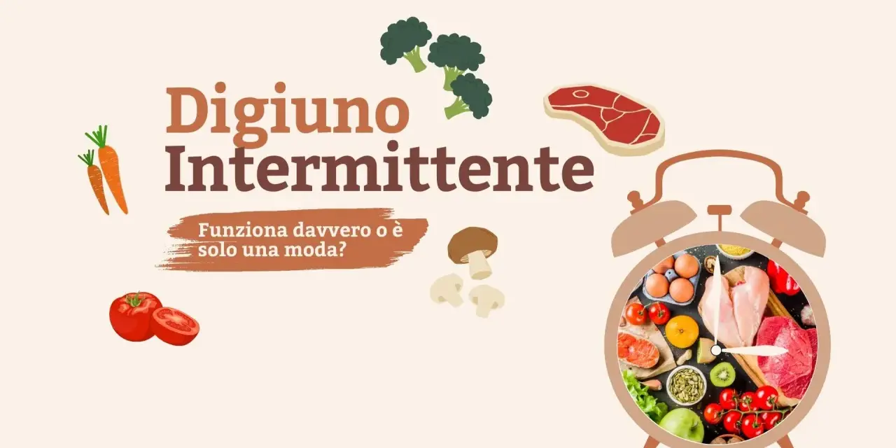 Digiuno intermittente: come funziona? Un orologio pieno di cibi sani, verdure e carne, con carote, broccoli e pomodori sparsi.