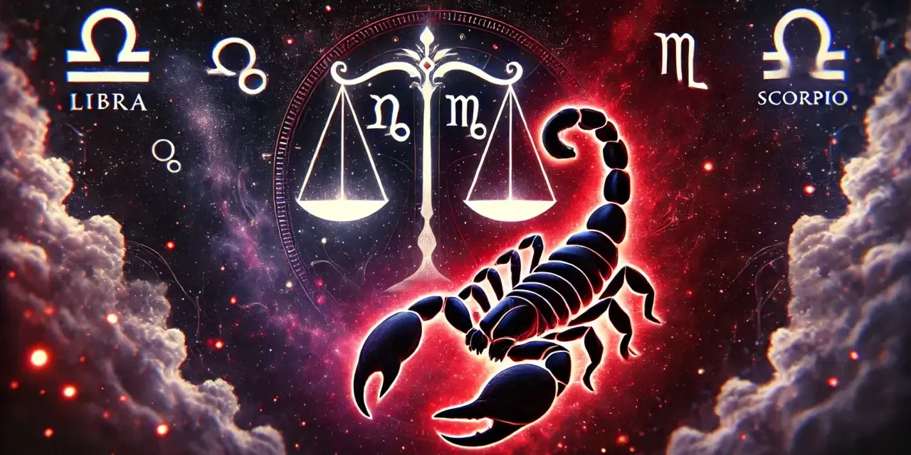 Skorpion i Waga: zodiakalny skorpion na tle kosmosu z wagą, symbolizującą ich związek.