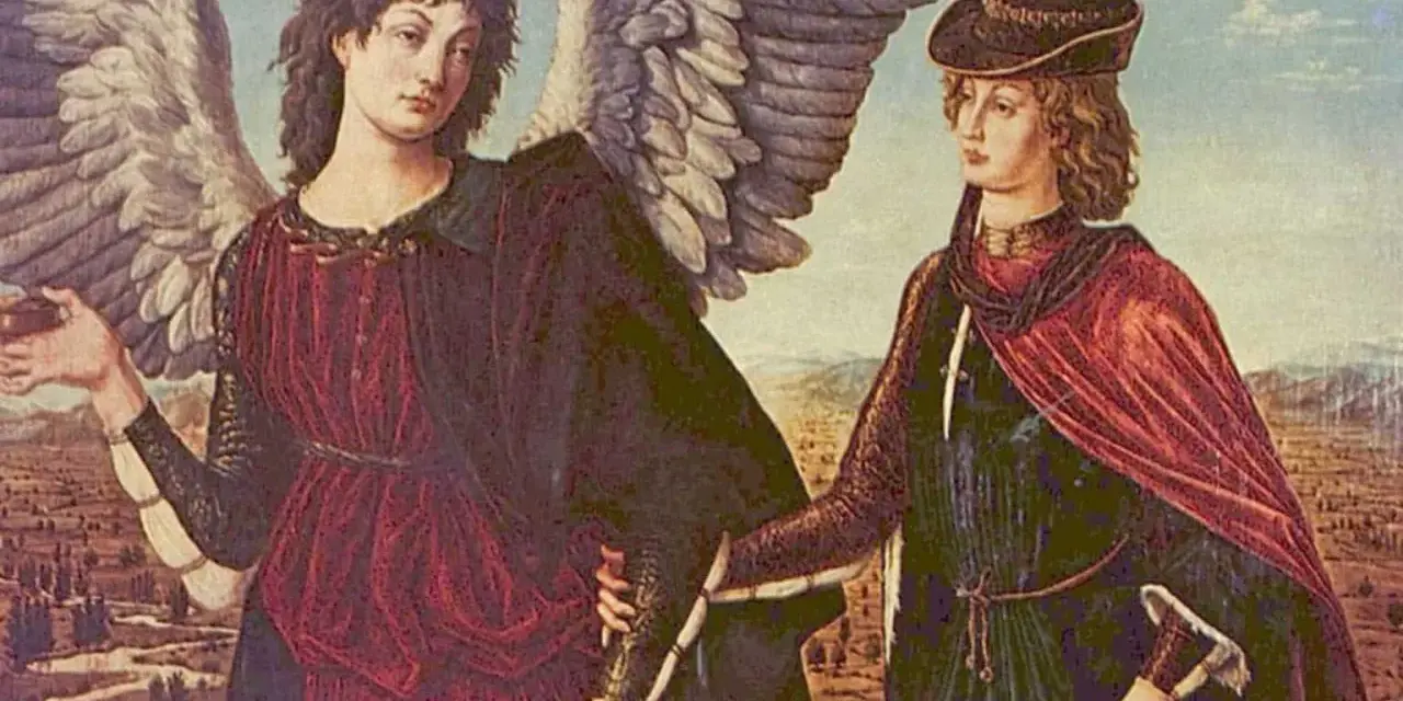 Św. Rafał Archanioł prowadzi młodzieńca. Obraz nawiązuje do litanii do św. Rafała Archanioła, patrona podróżnych i uzdrowicieli.