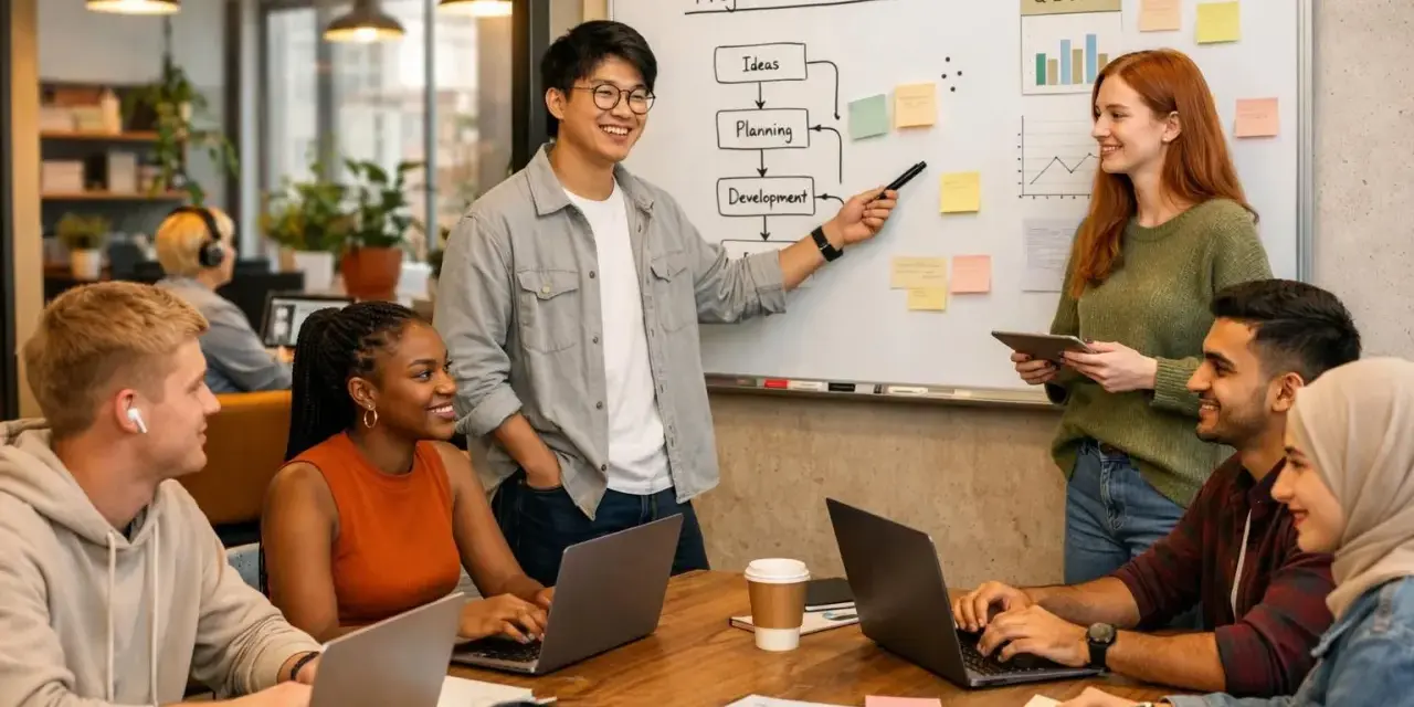 Ein junges, diverses Team plant eine Projekt-Timeline. Der Sprecher erklärt die Phasen Ideen, Planung und Entwicklung. Die Gen Z arbeitet engagiert an Laptops.