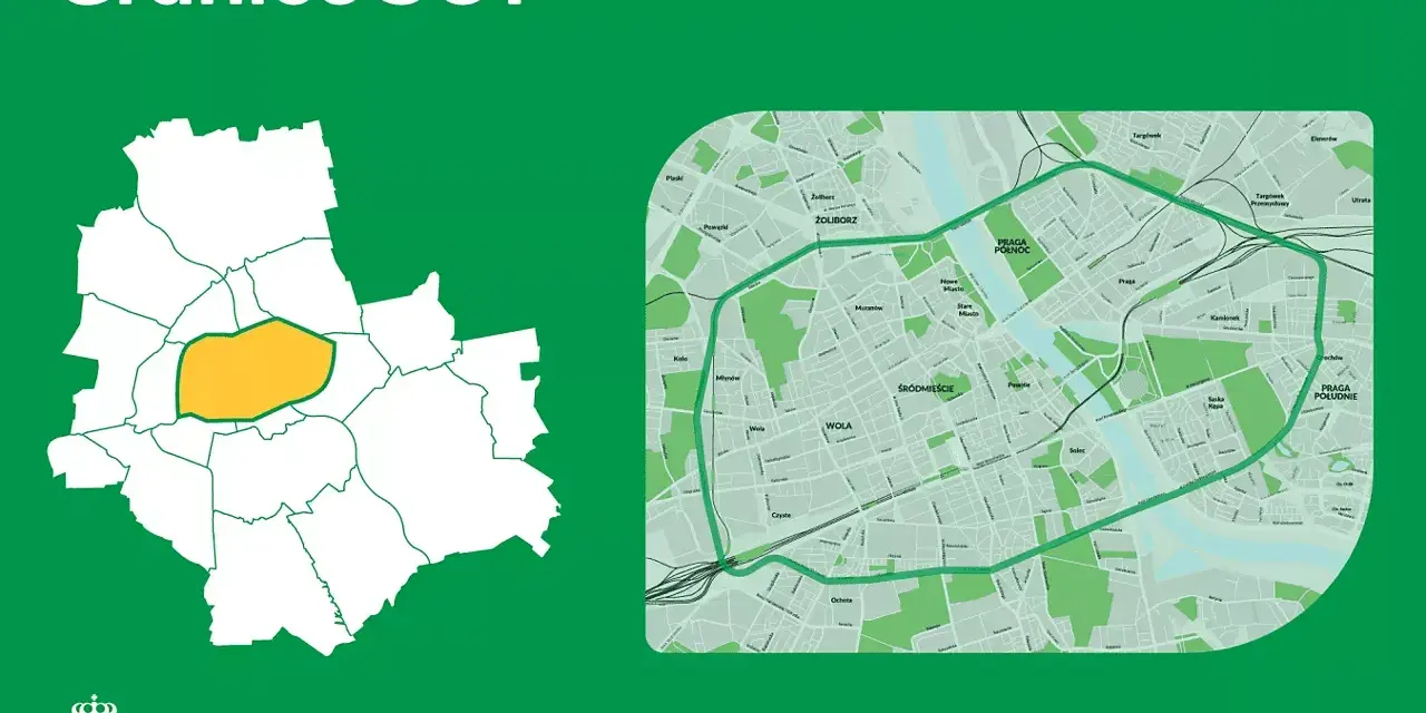 Granice SCT na mapie Warszawy. Zaznaczony obszar to strefy czystego transportu, które mają na celu poprawę jakości powietrza.