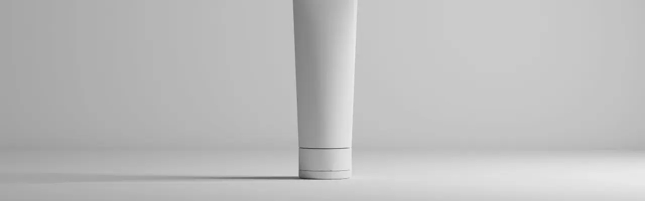 Tubo bianco minimalista, con un sottile anello scuro, che contiene una formula con hydroxypropyl starch phosphate per una pelle liscia.