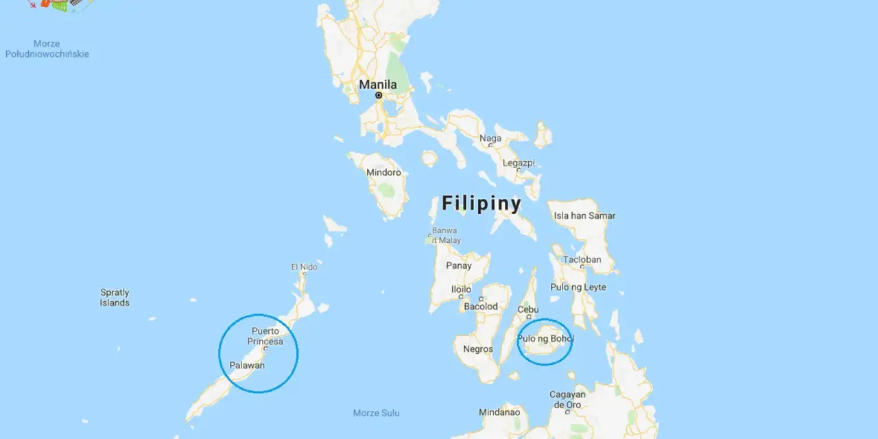 Mapa pokazuje, gdzie leżą Filipiny, z zaznaczonymi miastami jak Manila, Cebu i Palawan.