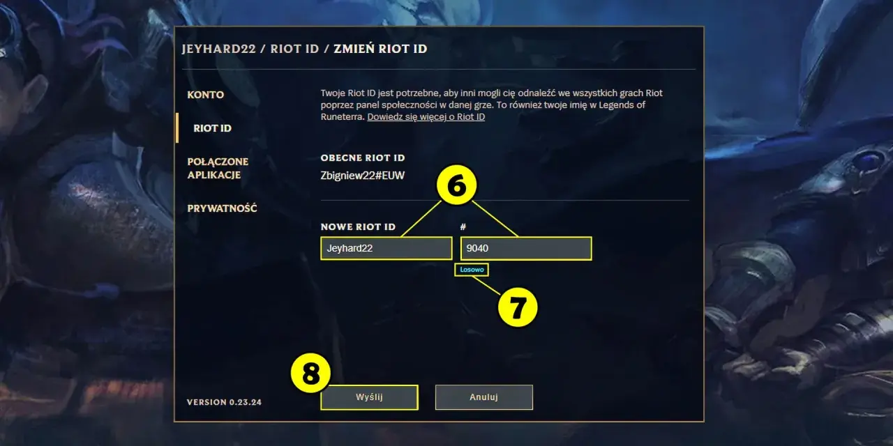 Interfejs zmiany Riot ID w grze, z polami na nowe ID i numer.