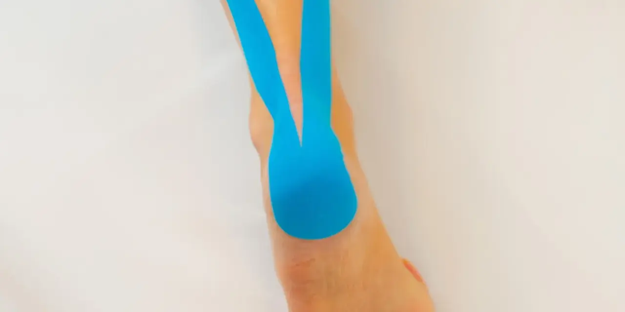 Blaues Kinesio-Tape stützt den Fuß und Unterschenkel, um Schmerzen zu lindern.