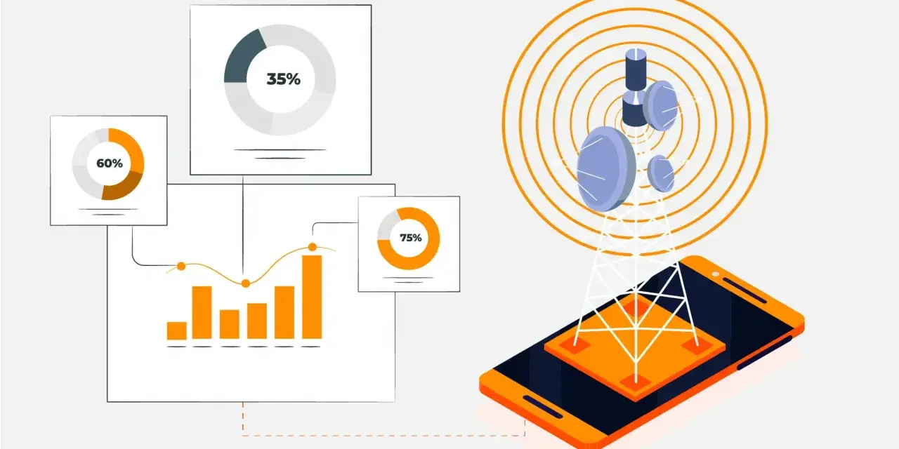 Data charts and graphs illustrate network optimization in telecom, showing signal strength from a tower to a smartphone.