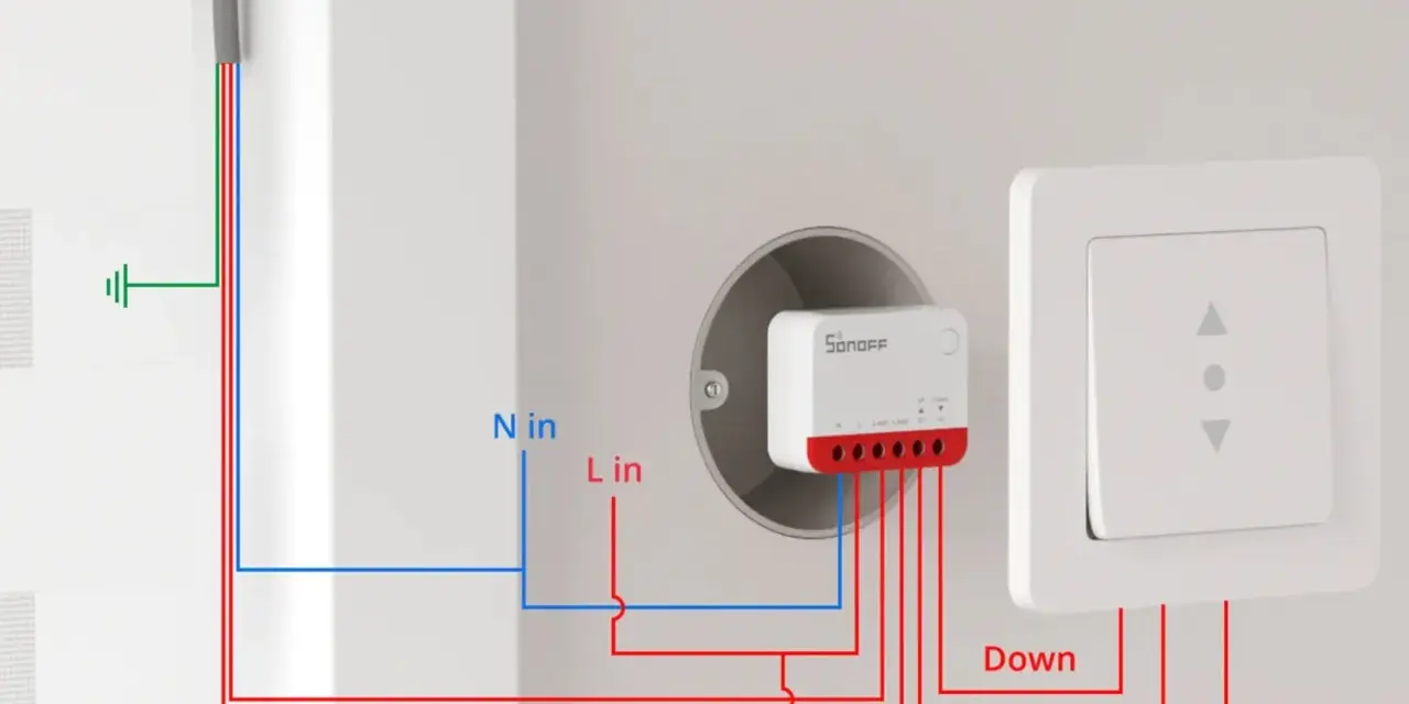 Schaltplan: So machen Sie Ihre Funkmarkise smart mit einem Sonoff-Schalter. Kabel für Auf, Ab und Strom sind zu sehen.