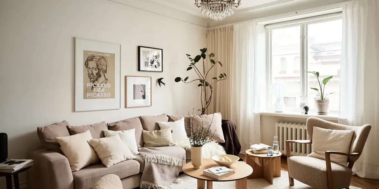 Sala de estar con sofá beige, sillón de borrego, mesas de madera y decoración en tonos neutros.