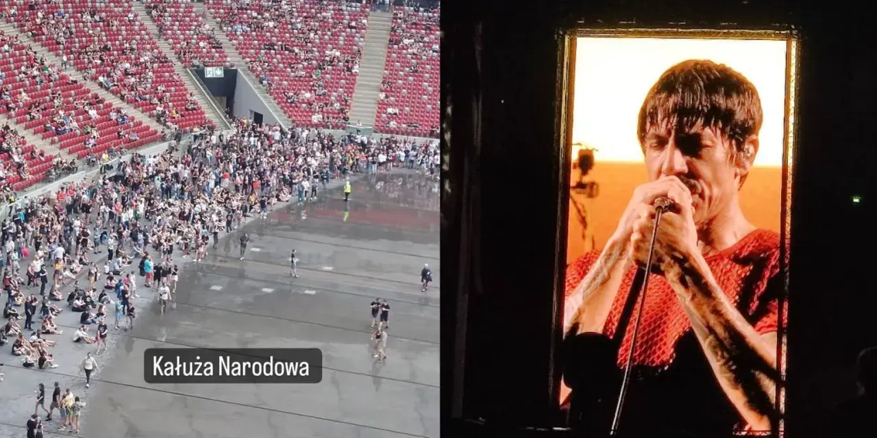 Koncert Red Hot Chili Peppers w Warszawie. Tłum na płycie stadionu, Anthony Kiedis na telebimie.