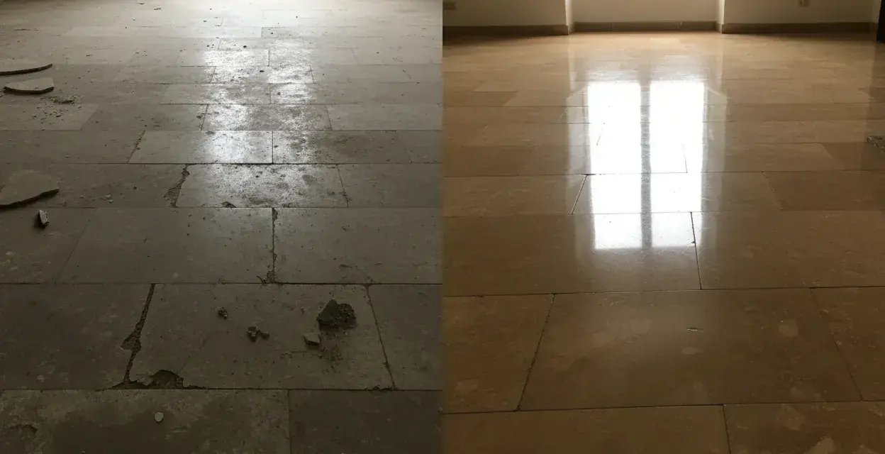 Avant/après : comment enlever le lichen sur les pierres. Le sol en pierre est transformé, passant d'un état sale et abîmé à une surface propre et brillante.