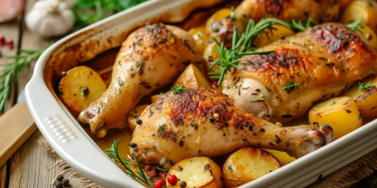 Muslos de pollo asados con patatas y romero. Una deliciosa receta para disfrutar en familia.