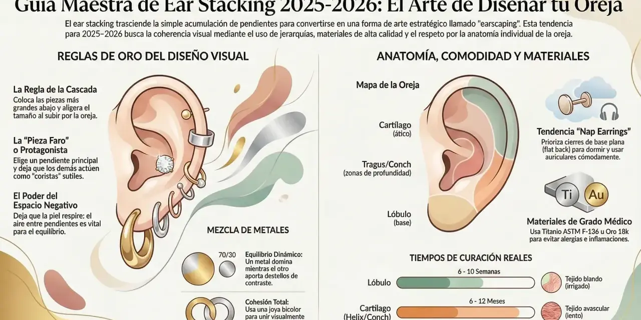 Oreja con varios pendientes, incluyendo un aro de **punta de plata** en el lóbulo y un brillante en el cartílago.
