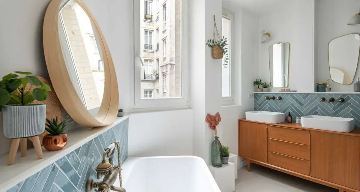 Salle de bain moderne avec carrelage zellige bleu canard, baignoire, double vasque sur meuble vintage et miroir rond en bois. Inspiration zellige.