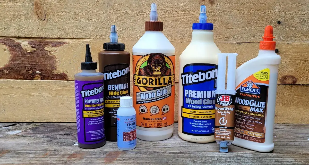 A collection of wood glues, including Gorilla Wood Glue and Titebond, are displayed. The question of what is the strongest adhesive glue is posed.