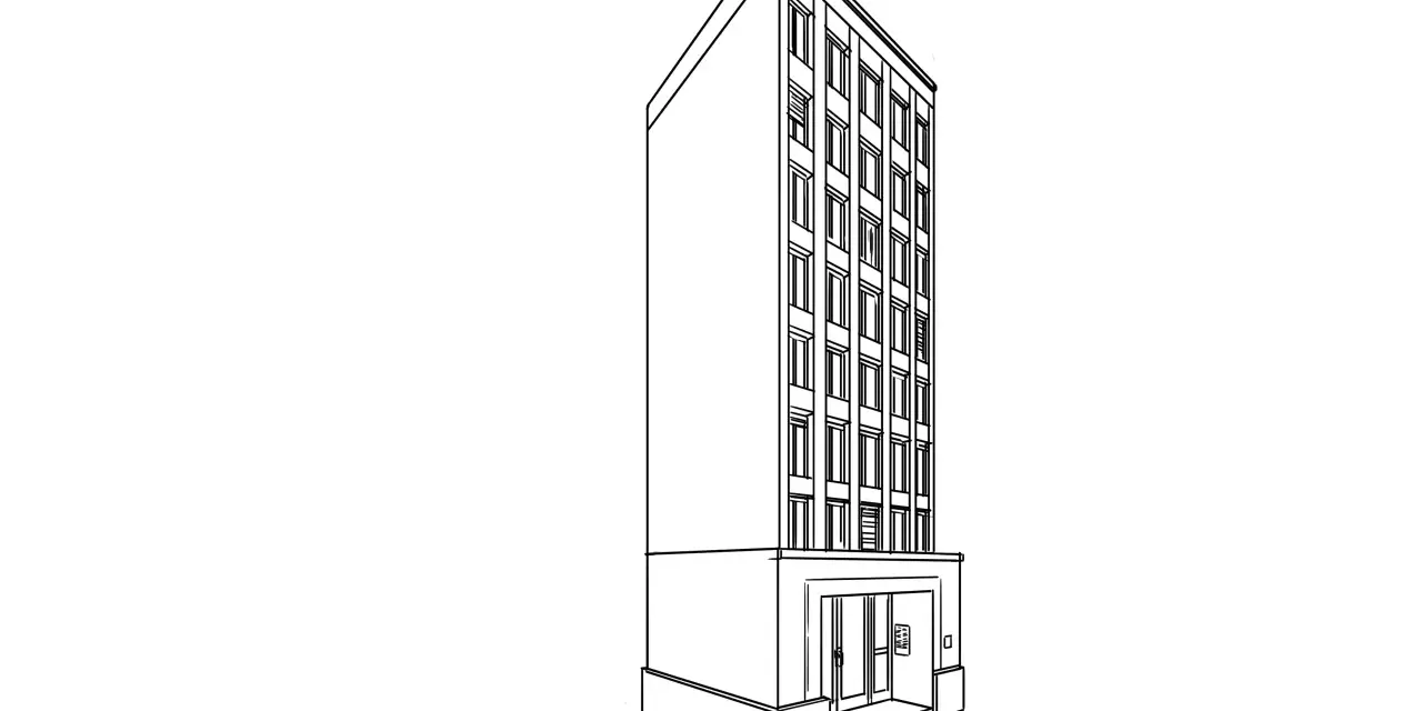Un dessin noir et blanc facile d'un immeuble moderne avec de nombreuses fenêtres. L'entrée est visible avec des portes vitrées.