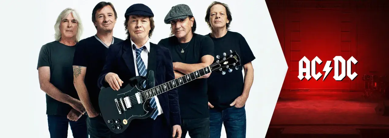 Fünf Musiker der legendären AC/DC, bekannt für ihre Hardrock-Musikrichtung, posieren mit Gitarren.