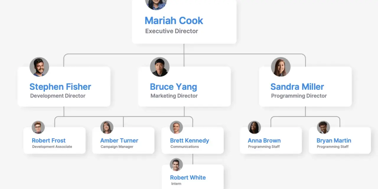Organizational chart showing the small non profit organization structure titles: Executive Director, Development Director, Marketing Director, Programming Director, and their staff.
