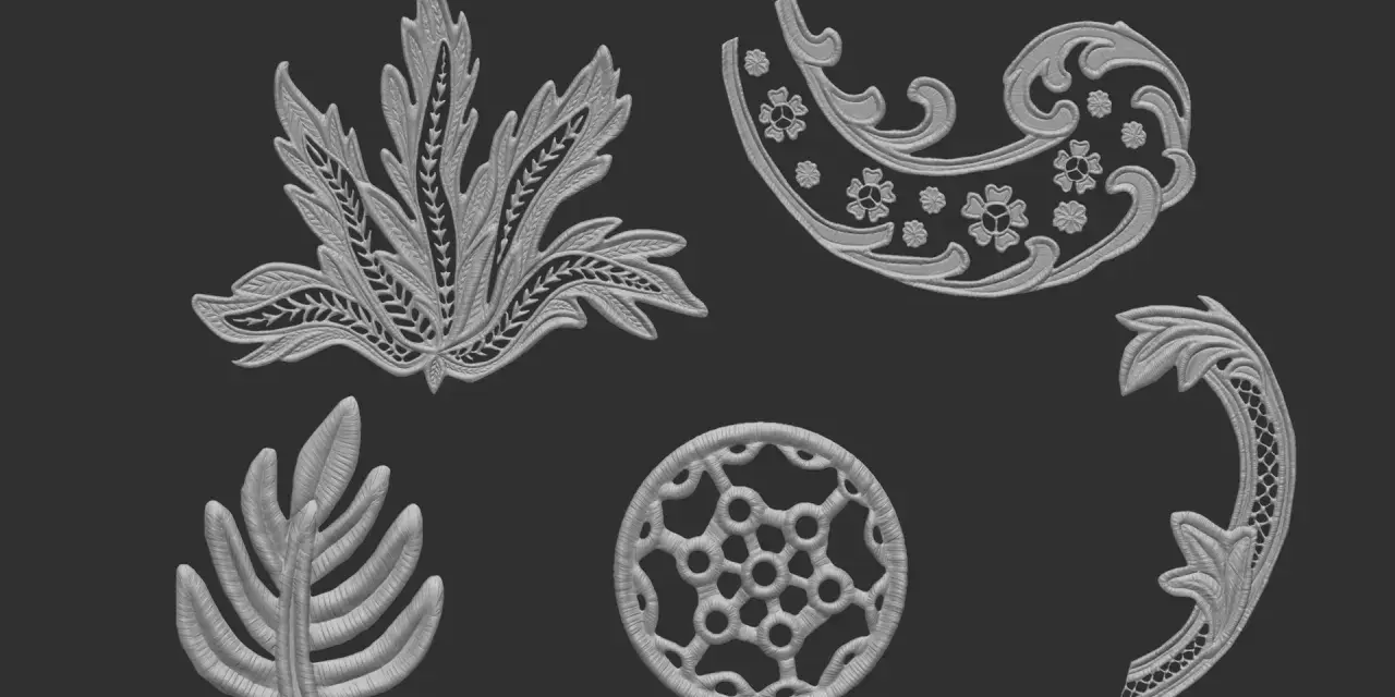 Un delicado encaje dibujo con motivos florales y de hojas, como si fueran bordados en relieve sobre un fondo oscuro.