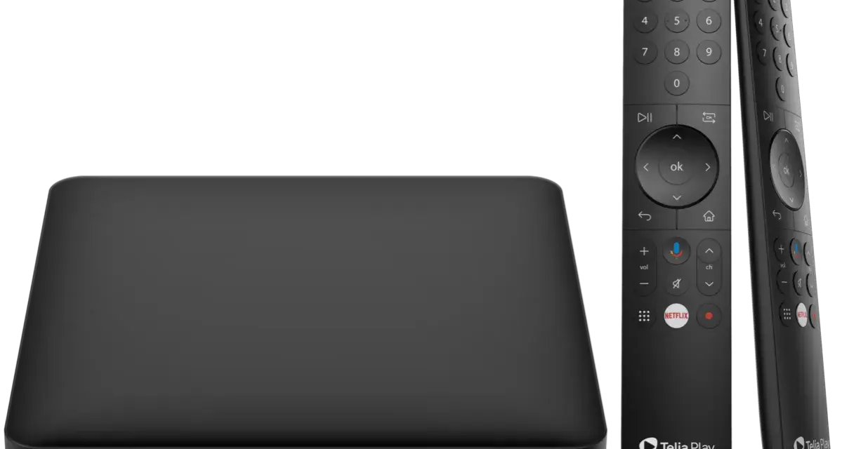 Svart mediaspelare och två fjärrkontroller. Enkel att koppla mobil till TV HDMI för streaming.