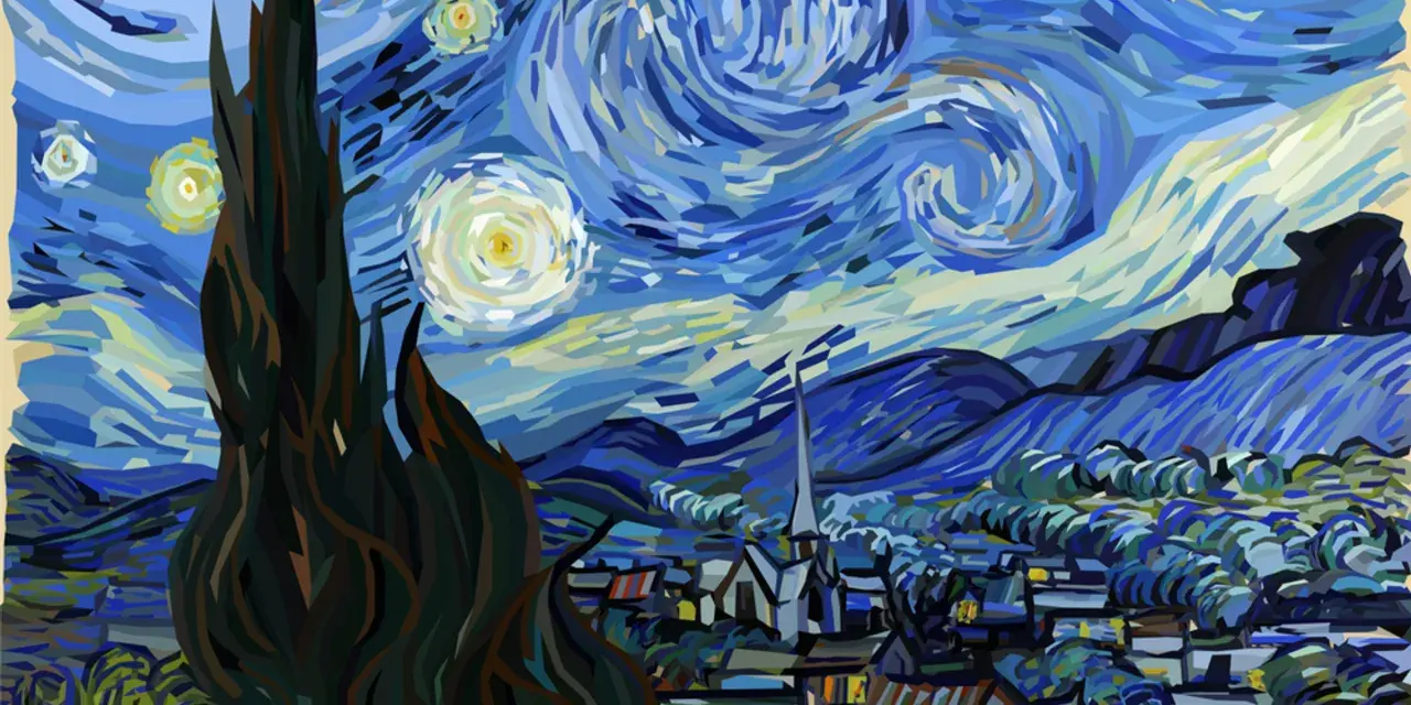 Gwiazda nocna Van Gogha, jeden z jego najsłynniejszych obrazów, ukazuje wirujące niebo nad spokojną wioską.