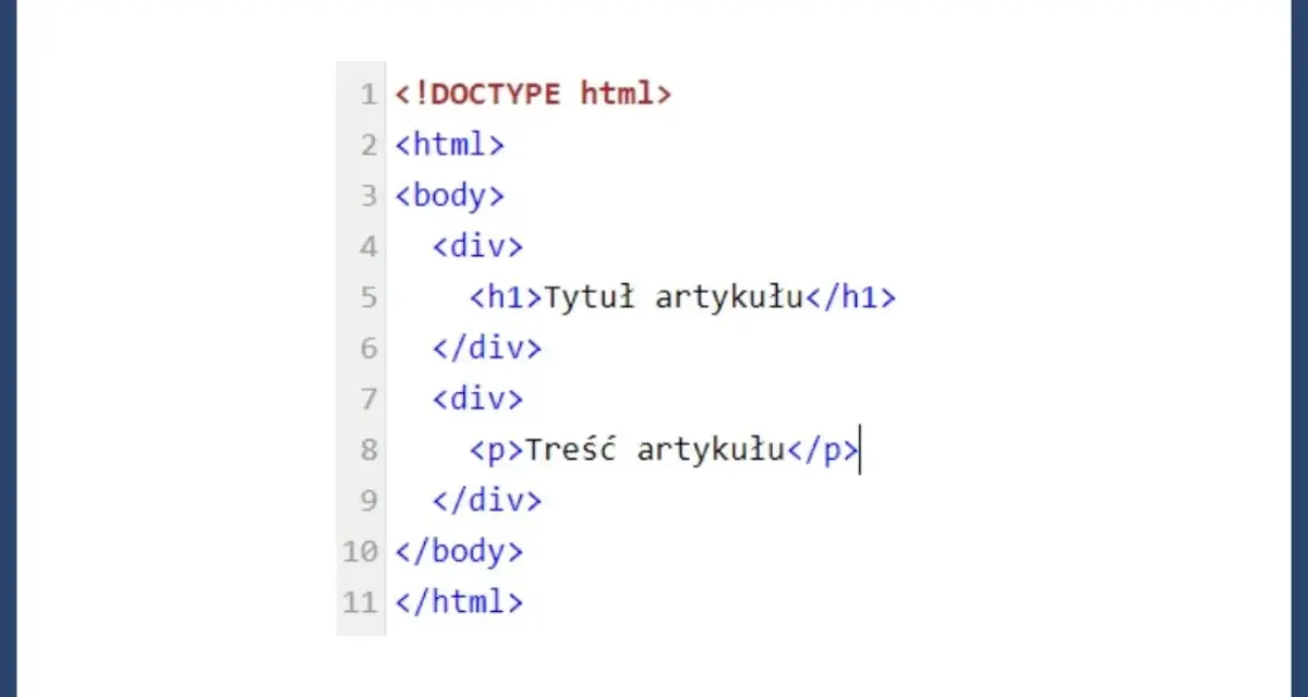 Fragment kodu br html z podstawową strukturą strony: nagłówek h1 i akapit p wewnątrz div.