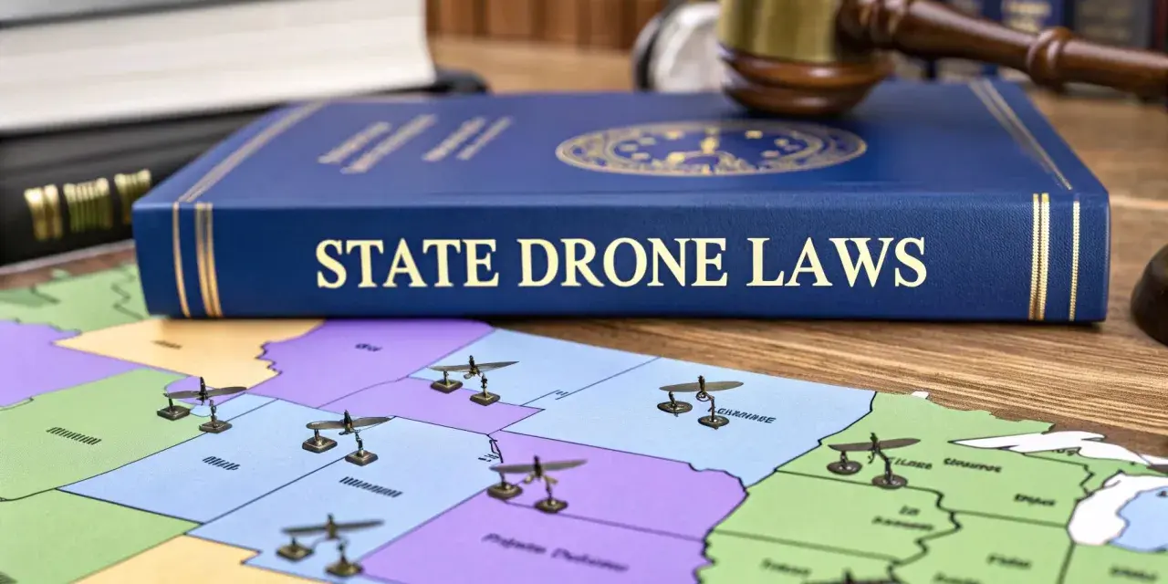 A book titled "State Drone Laws" sits on a map of the US, with miniature drones placed on various states, symbolizing drone regulations across the country, including Iowa.